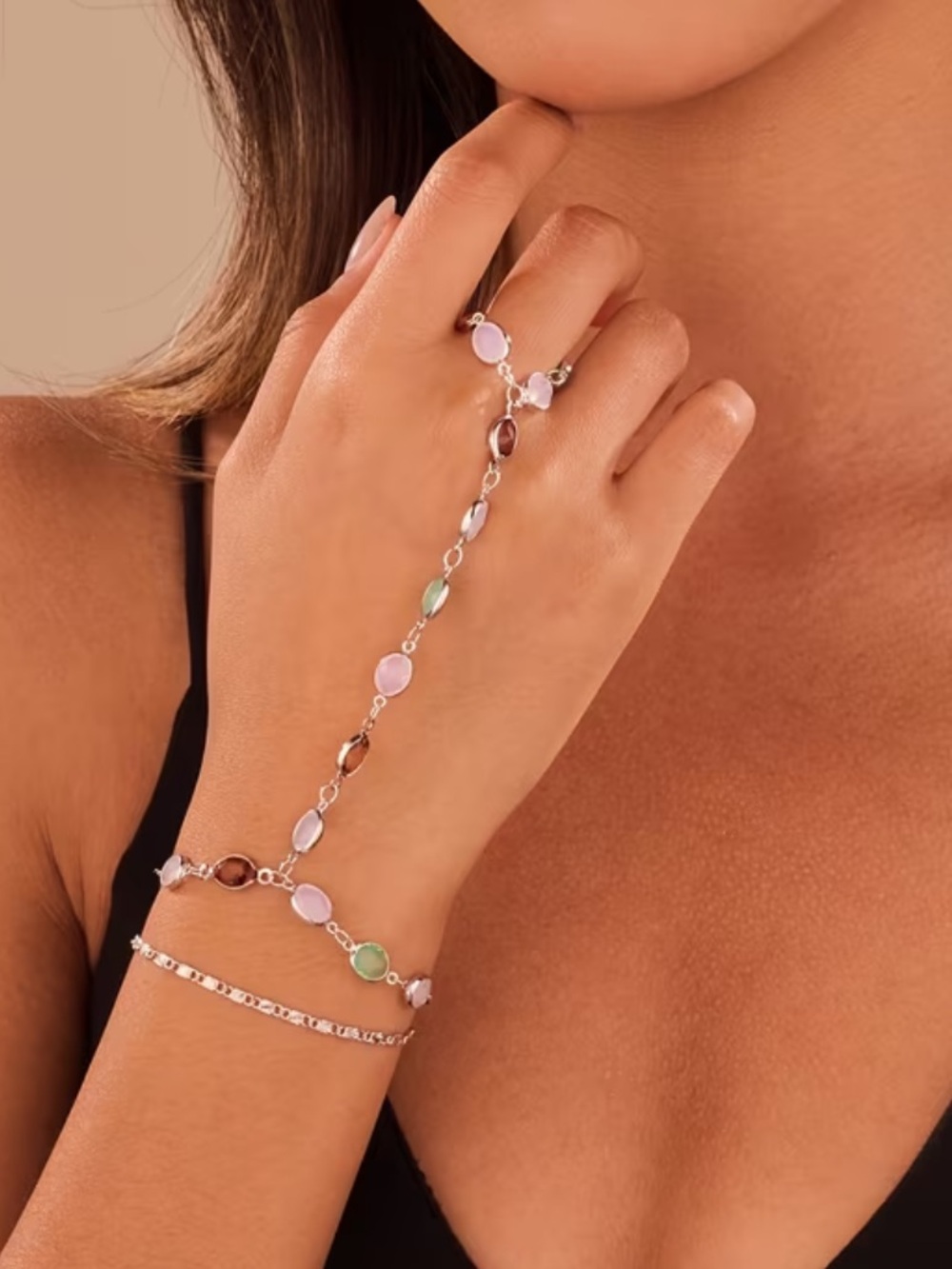 Silver Multicolor Stone Green and Pink Hues Hand Chain Bracelet - Jewelry